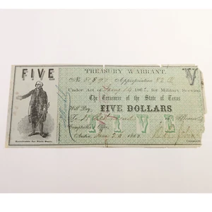 1862 Texas - $5 Five Dollar Treasury Warrant #50271F - Picture 1 of 2