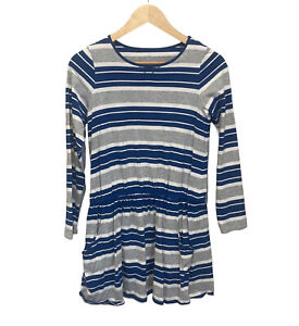 Lands’ End Girl Size large 14 blue white striped Long Sleeve Dress pockets fall