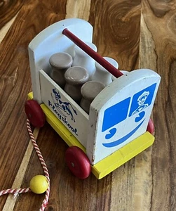 Vintage Playskool Milk Basket Wooden Pull Toy BLUE LOGO With Jumping Cow - Picture 1 of 6