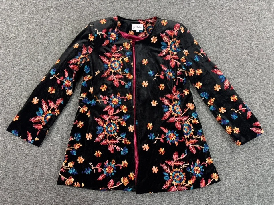 Chaqueta 3 Sisters Mujer Pequeña Negra Floral Bordada Colorido Forrado Abrigo Foto 1 de 4