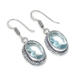 Aqua Aquamarine Gemstone Handmade 925 Sterling Silver Jewelry Earrings Size 1.5" - Picture 1 of 1
