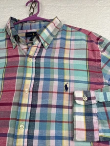 Polo Ralph Lauren Button Down Shirt Mens Pink Blue Madras Plaid Untucked Fit  LG - Picture 1 of 23