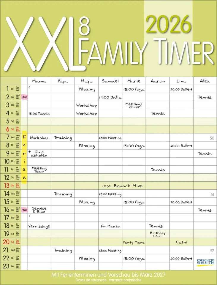 KORSCH VERLAG GMBH XXL Family Timer 8 2026 | Verlag Korsch | Kalender | 14 S. | Deutsch | 2027