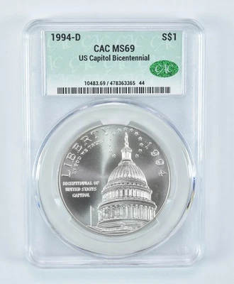 1994-D US Capitol Commemorative Silver Dollar MS69 CAC CACg *7862 - Image 1 of 4