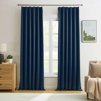 Navy Blackout Pleated Curtains 96 Inch Length Soft Polyester Blue Drapes for ... - Image 1 of 4