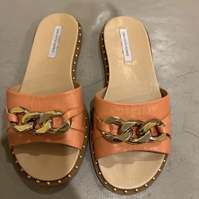 Saks Fifth Avenue chain accent Slides sandals sz 8 M  Peach Orange - Image 1 of 4