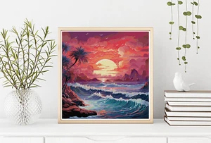 Ocean Wave Beach Sunset Landscape Counted Cross Stitch Pattern - Picture 1 of 4