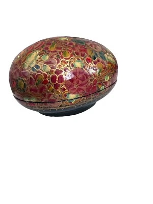 Floral Egg Kashmir India Boudoir Jewelry Ring Box Hand Painted Paper Mache Vtg - Image 1 of 4
