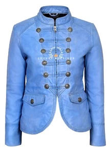 VICTORY Ladies Military Style Jacket Blue Crust Front Studded REAL LEATHER 8976 - Picture 1 of 5