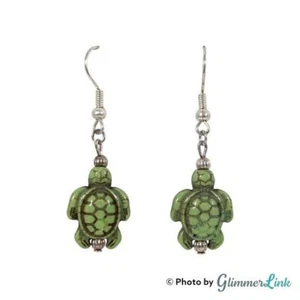 Green Sea Turtle Painted Ceramic Silver Tone Pierced Dangle Earrings - Picture 1 of 5