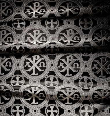 Brocado litúrgico grego tecido igreja vestimenta Chi Rho padrão cruz jacquard - Imagem 1 de 4