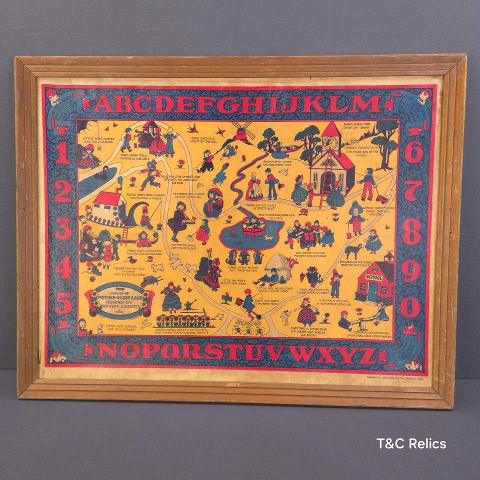 Impresión artística de madre ganso 1933 mapa de rima infantil números ABC enmarcado en madera 18x23x1 Foto 1 de 4