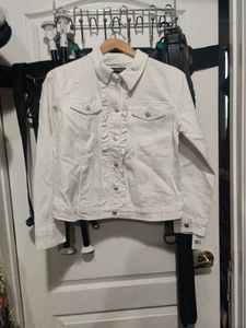 Women's Kim Rogers Petite White Stretch Ruffle Denim Jacket Size PM - Picture 1 of 8