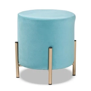 Baxton Studio Thurman Sky Blue Velvet and Gold Finished Metal Ottoman - Picture 1 of 9