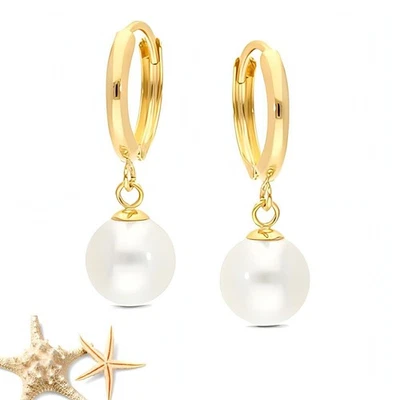 Boucles d'Oreilles - Femme - Créoles - Perle - Blanc - 10 mm - Plaqué Or Jaune - Photo 1/4