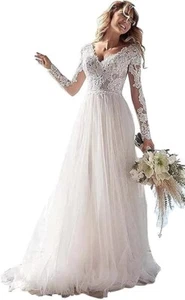GREOENEL Amor Beach Wedding Dresses for Bride Long Sleeve Lace Elegant Sexy - Picture 1 of 4