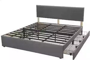 Grey Fabric Upholstered Headboard Platform Bed with 4 Storage Drawers king size - Picture 1 of 5