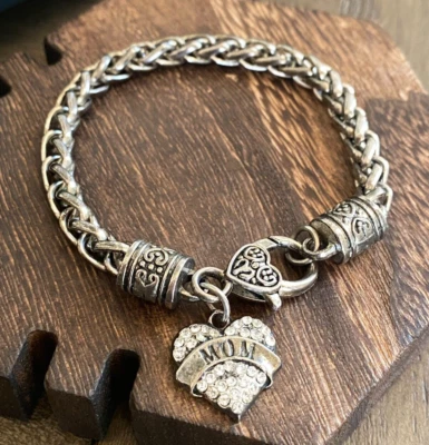Silver Tone Metal Chunky Rope Chain 9" Bracelet MOM Heart Charm Rhinestone Clasp - Image 1 of 4
