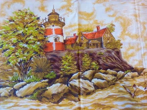 Vtg 1970s Lighthouse Dock Sailboat Sea Scene Cotton Fabric Curtains Home Decor - Picture 1 of 12