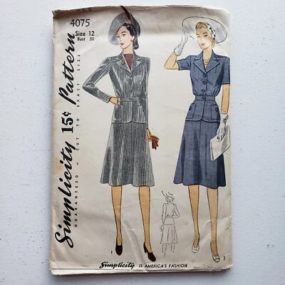 1940s Vintage Simplicity 4075 Smart Jacket Skirt Suit Set Sewing Pattern  - Image 1 of 2