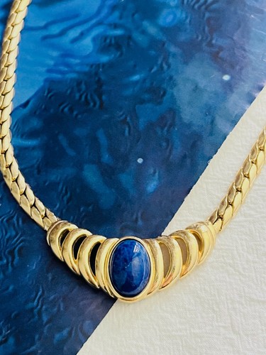 Collana Christian Dior vintage anni 80 grande ovale lapislazzuli blu navy cabochon traforato