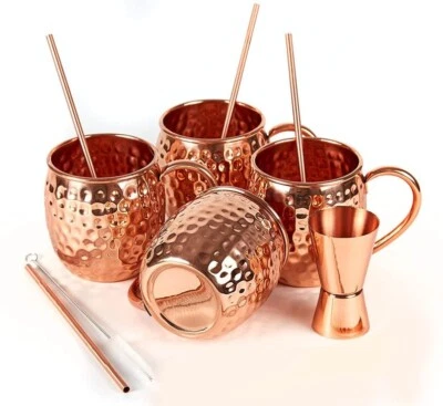 Moscou Mule Cuivre Mugs 4 Straws 1 Pinceau 1 Jigger Lot Pour Bear BAR Restaurant - Photo 1/4