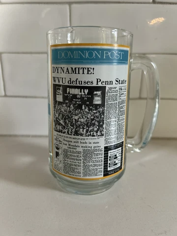West Virginia Mountaineers Glass Beer Mug Dominion Post 1984 Morgantown WV Cover