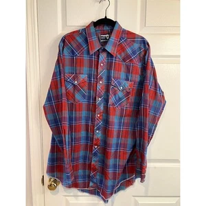 Wrangler Cowboy Cut Tall Man Plaid Snap Front Western Shirt Size 17.5 VINTAGE - Picture 1 of 13