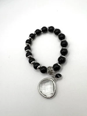 Black Beaded & Silver Tone Stretch Stacking Bracelet W/ Crystal Teardrop Charm - Image 1 of 4