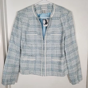 Jaclyn Smith Damen 8 blau weiß Tweed offen Blazer Jacke Taschen Kragenlos Neu mit Etikett - Bild 1 von 12