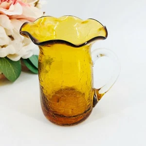Vintage Bernstein Kunst Glas mundgeblasen klein gekräuselt Krug Milchkännchen Crackle 3,5" - Bild 1 von 7