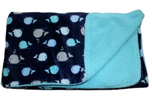 Garanimals Navy Blue Gray Whale Blanket Minky Sherpa Fleece Baby Boys Lovey RARE - Picture 1 of 6