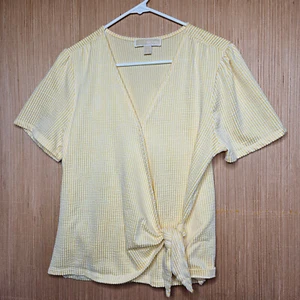 Top Michael Kors donna blusa grande giallo bianco a righe scollo a V cravatta davanti avvolgente - Foto 1 di 12
