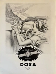 Anuncio de reloj Doxa 1949 - arte Charles Lemmel - retrovisor de automóvil - anuncio impreso vintage - Imagen 1 de 1