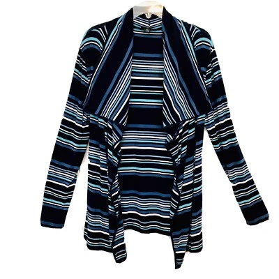 Peck & Peck Collection Womens M Navy Multi Striped Flyaway Long Sleeve Cardigan - Image 1 of 4