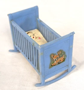 Renwal Dollhouse Furniture Blue Rocking Crib With Baby Inside Plastic Vintage - Picture 1 of 8