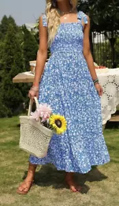 NWT S ZESICA Blue DAISY Boho MAXI Smocked SUN DRESS RUFFLE Floral CottageCore - Picture 1 of 19