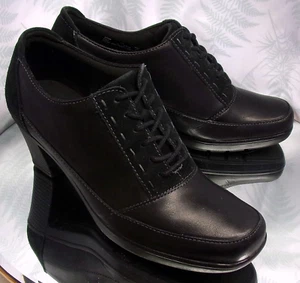CLARKS BENDABLES BLACK LEATHER OXFORDS BUSINESS DRESS HEELS SHOES WOMENS SZ 8 M - Picture 1 of 10