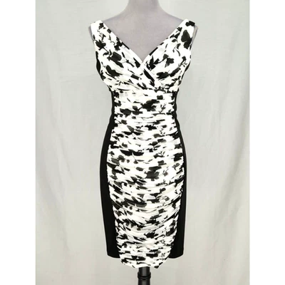 Vestido WHBM Feminino 4 Preto Branco Floral Ruched Chiffon Zíper Forrado Colorblock Novo - Imagem 1 de 4