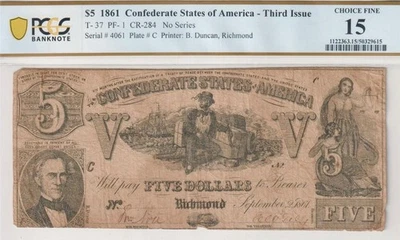T-37 PF-1 CR-284 1861 $5 Confederate Civil War Affordable PCGS Bank Note Ch F15 - Image 1 of 4