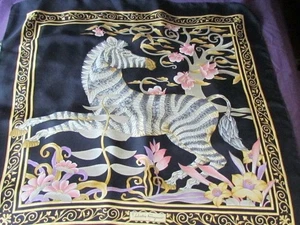 Salvatore Ferragamo Heavy Silk Scarf Print Horse Zebra Black Grey Pink Vintage - Picture 1 of 16