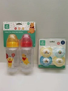 New Disney Baby Winnie The 2-Pack 11 oz Wide-Neck Bottles & 4 Pack Pacifiers - Picture 1 of 5