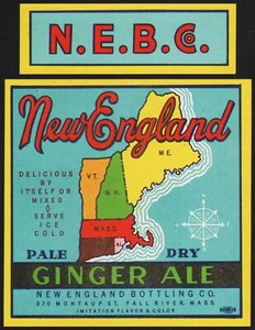Vintage soda pop bottle label NEW ENGLAND GINGER ALE map picture Fall River Mass - Picture 1 of 2