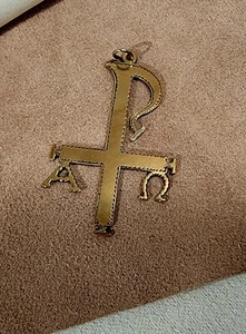 Vintage 10k Inlay Alpha Omega Staurogram Crucifix Christian Cross 5-26-56 Rare - Picture 1 of 8