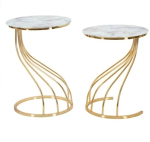 Coppia Tavolini Con Struttura Oro Con Piano Effetto Marmo - Picture 1 of 2