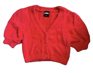 Katie J NYC Tween Girl Red Mohair Puff Sleeve Crop Sweater Cardigan XL(14) - Picture 1 of 5