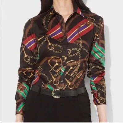 Lauren Ralph Lauren Chain Print Button Shirt Sz 1X Long Sleeve Equestrian - Image 1 of 4