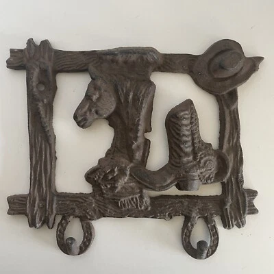 Cast Iron Wall Mount Coat Key Hooks Rustic Western Painted Brown Horse Boot Hat - Image 1 of 4