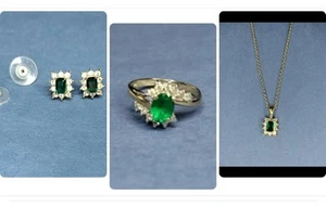 Roman Vtg Jewelry Necklace Earring Ring Gold Tone Chain CZ Stones Faux Emerald 1 - Picture 1 of 16
