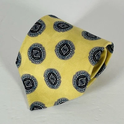 Vintage Wembley 100% Neck Tie Yellow W/Blue Medallions Geometric 3.75” Long - Image 1 of 4